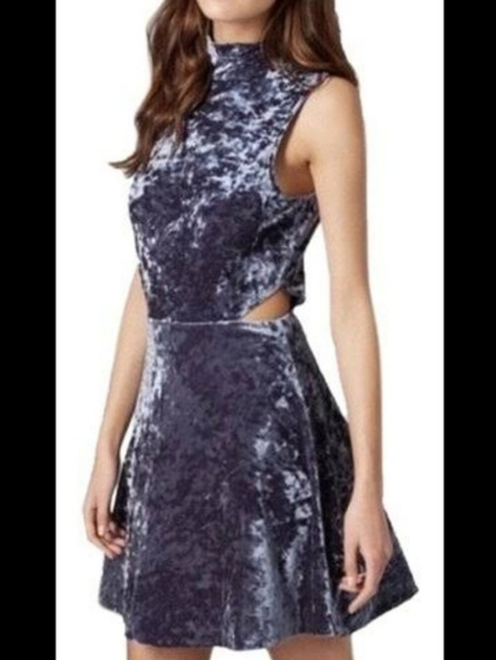 Topshop Crushed Velvet Blue Gray Skater Dress Side Cut Out